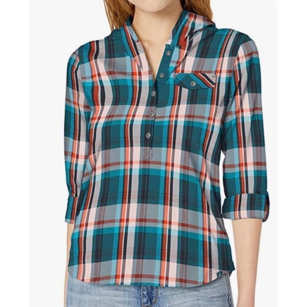 Prana Plaid Anja Half Button Down Hooded Pullover